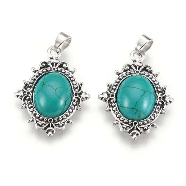Oval Antique Silver Plated Alloy Synthetic Turquoise Pendants