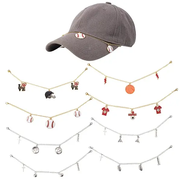 8Pcs 8 Styles Sports Theme Brass Twisted Chains Hat Chain