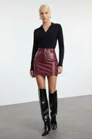 Trendyol Burgundy Faux Leather Cargo Pocket High Waist Fitted Mini Knitted Skirt
