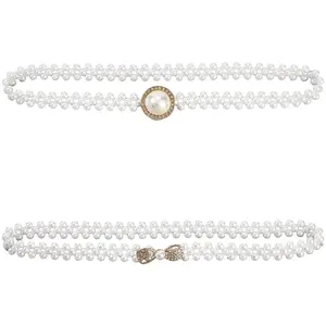 2Pcs 2 Styles Alloy Bowknot Resin Pearl Beaded Chain Belts