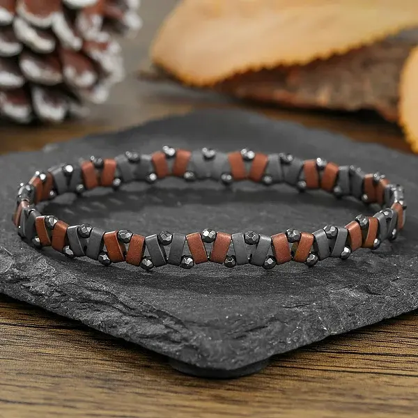 Synthetic Non-magnetic Hematite Beaded Stretch Bracelets for Men