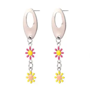 Oval with Flower Enamel Long Dangle Stud Earrings