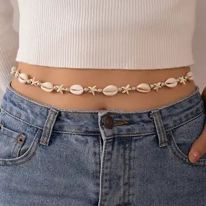 Summer Beach Dyed Synthetic Turquoise Starfish & Natural Cowrie Shell Beaded Belly Chains