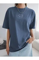 Know Women's Indigo Blue Penguin Printed Oversize T-shirt
