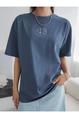 Know Women's Indigo Blue Penguin Printed Oversize T-shirt