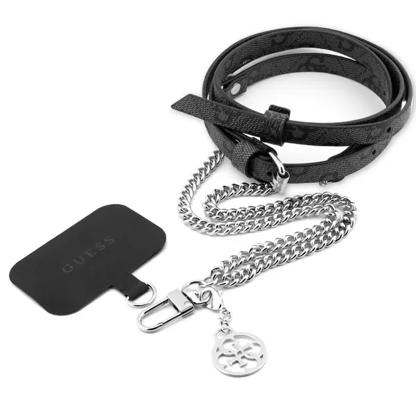 Popruh Guess Crossbody PU 4G Chain with Charm, stříbrná / černá