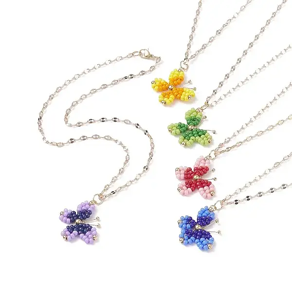 5Pcs 5 Colors Glass Seed Braided Butterfly Pendant Necklaces Set