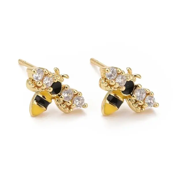 Clear Cubic Zirconia Bee Stud Earrings with Enamel