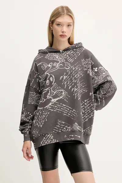 Bavlněná mikina Desigual LETTERS MICKEY dámská, šedá barva, s kapucí, vzorovaná, 25WWSK03