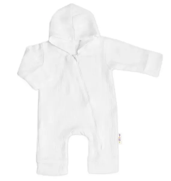 Baby Nellys Mušelinový overálek s kapucí, dvouvrstvý, Hand Made, bílý vel.  68