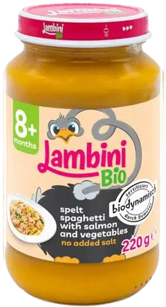 LAMBINI BIO Demeter příkrm špaldové špagety, zelenina a losos 220 g