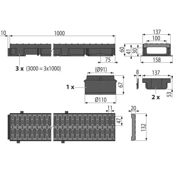 Garážový Low set 3 m (2× čelo, 1× hrdlo DN110), plastový rošt
