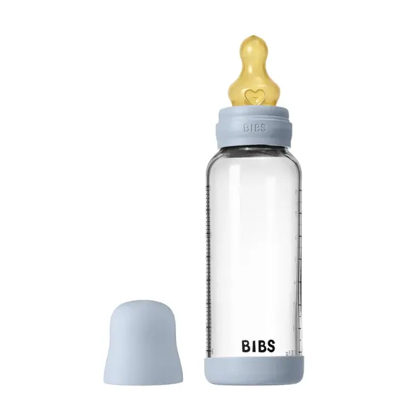 BIBS antikoliková sklenená fľaša s kaučukovým cumlíkom 240ml - Baby Blue