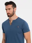Ombre Men's T-shirt with button neckline and suede trim - dark blue