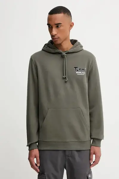 Bavlněná mikina Tommy Jeans pánská, zelená barva, s kapucí, s potiskem, DM0DM22086