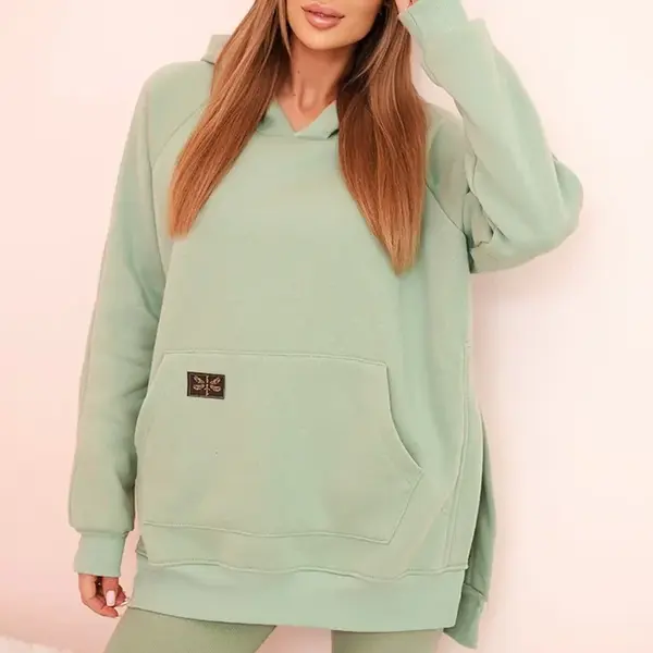 Polski Dámská bavlněná souprava mikina s kapucí a legíny s vysokým pasem tmavá máta