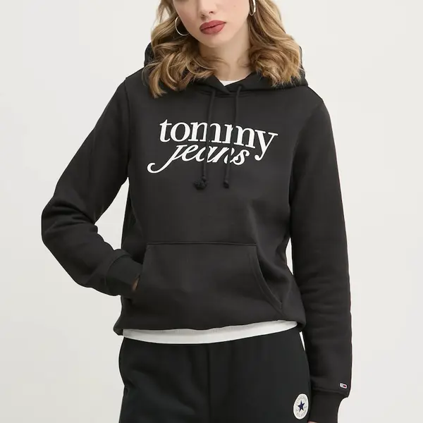 Mikina Tommy Jeans dámská, černá barva, s kapucí, s potiskem, DW0DW20170