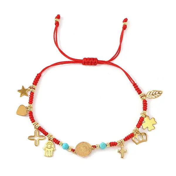 Stainless Steel Cross & Hamsa Hand & Medal Charms Braided Bracelets