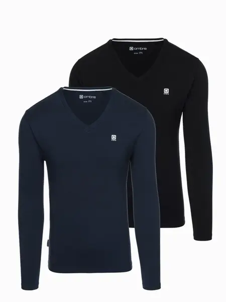 Ombre Set of men's SLIM FIT longsleeves with V neckline and logo 2-pack