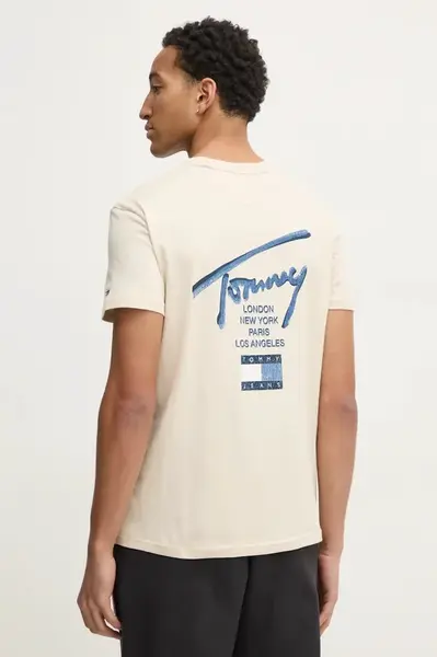 Bavlněné tričko Tommy Jeans béžová barva, s potiskem, DM0DM21106