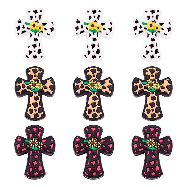 9Pcs 3 Colors Cross with Flower Silicone Focal Beads