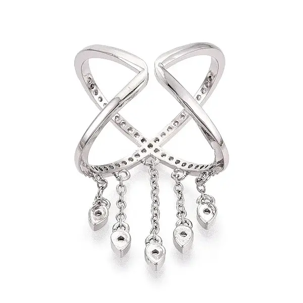 Brass Micro Pave Clear Cubic Zirconia Tassels Cuff Rings