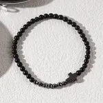 Synthetic Non-magnetic Hematite Cross & Black Stone Round Beaded Stretch Bracelets for Men