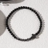 Synthetic Non-magnetic Hematite Cross & Black Stone Round Beaded Stretch Bracelets for Men