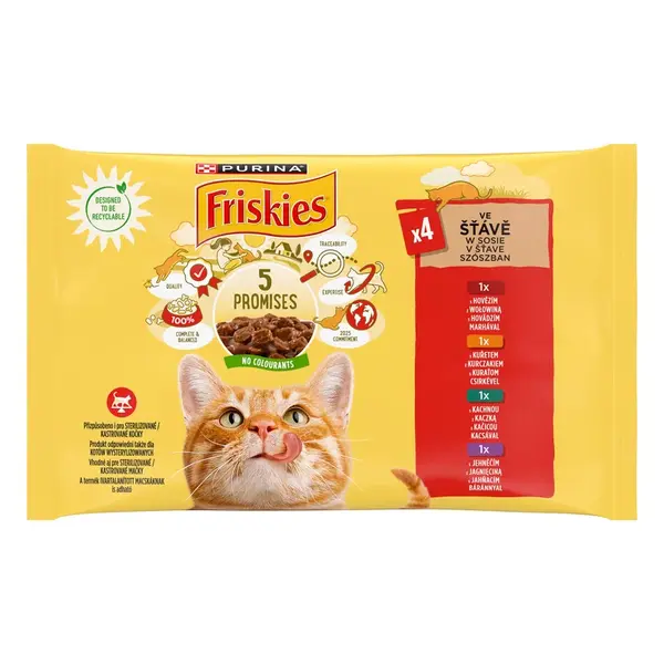 Friskies vlhké krmivo pro kočky v omáčce - s kuřecím, hovězím, jehněčím, kachním 4 x 85 g