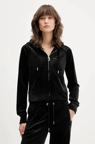 Velurová mikina Juicy Couture dámská, černá barva, s kapucí, hladká, JCWAS225306