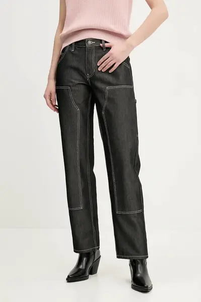 Kalhoty Guess Originals dámské, šedá barva, jednoduché, medium waist, W5RG10 D5L30