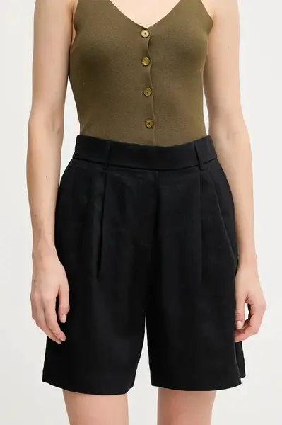 Lněné kraťasy United Colors of Benetton černá barva, high waist, 4AGHD901V