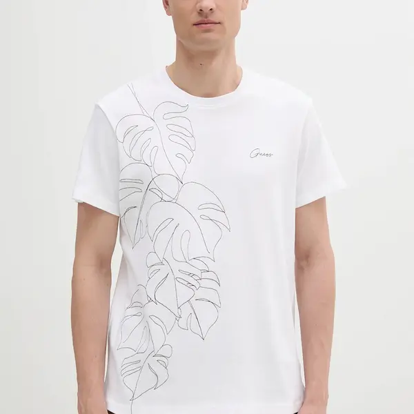 Bavlněné tričko Guess pánské, bílá barva, s aplikací, M5GI22 KCT51