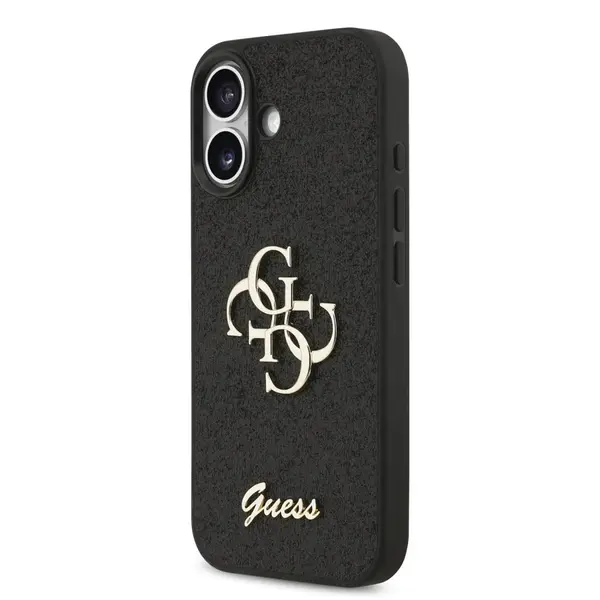 Zadní kryt Guess PU Fixed Glitter 4G Metal Logo pro Apple iPhone 17, černá