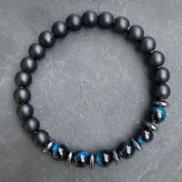 Natural Dyed Blue Tiger Eye & Matte Black Obsidian Round Beads Stretch Bracelets for Men Women