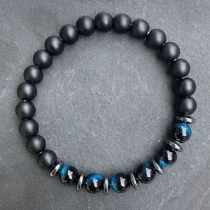 Natural Dyed Blue Tiger Eye & Matte Black Obsidian Round Beads Stretch Bracelets for Men Women
