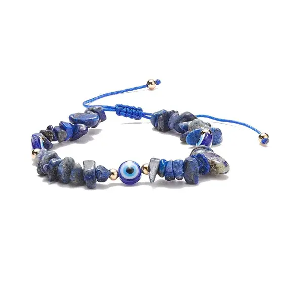 Natural Lapis Lazuli Chips & Resin Evil Eye Braided Bead Bracelet