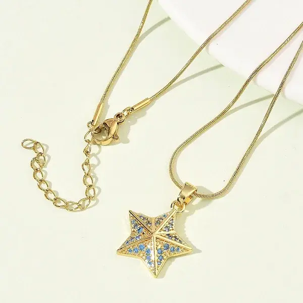 304 Stainless Steel Micro Pave Sky Blue Cubic Zirconia Pendant Necklaces for Women