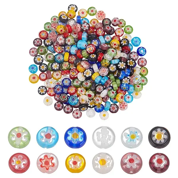240Pcs Flat Round Handmade Millefiori Glass Beads