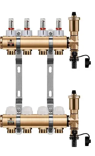 Wigell Podlahový rozdělovač WIGELL, 4 okruhy, mosazný + automatické odvzdušňování 8481.80.90