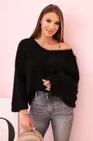 Kesi Włoski Dámský svetr z mohairu volného střihu s výstřihem do V černý