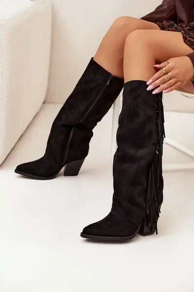 Boto Dámské Kopytové Boty S Třásněmi Na Podpatku Černé Tivara