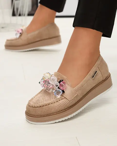 Resti Light brown women's moccasins with decorative crystals Liscutio- Footwear