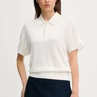 Polo triko s příměsí hedvábí Tommy Hilfiger dámské, béžová barva, WW0WW45652