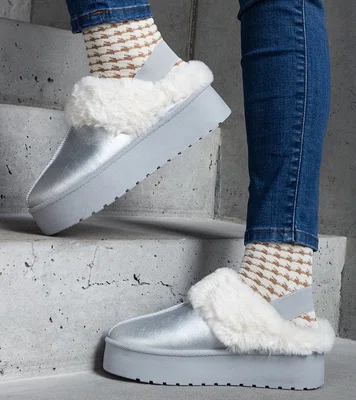 Gemre Silver platform slippers with fur and elastic Asza