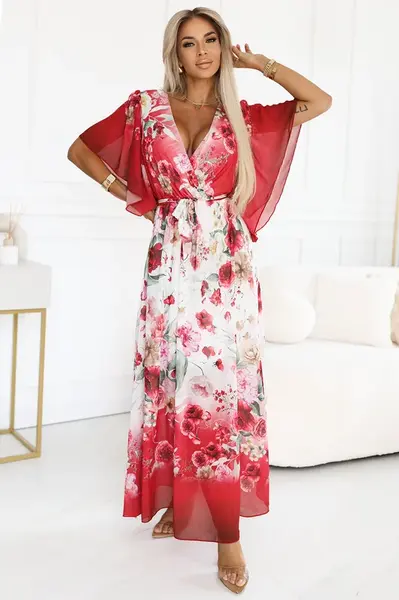 603-1 Airy wrap maxi dress with floral pattern – red roses