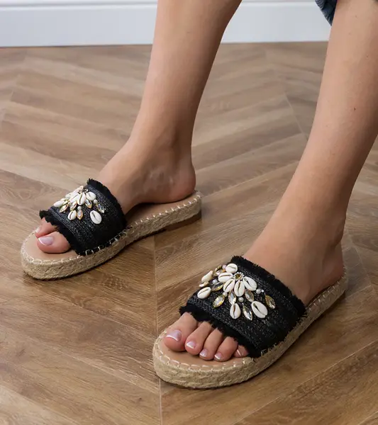 Gemre Black braided espadrille slides with walrus shells