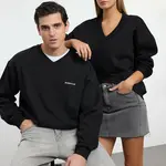 Trendyol Black Unisex Oversize/Wide Cut Polar Fleece Inside V Neck Printed Sweatshirt
