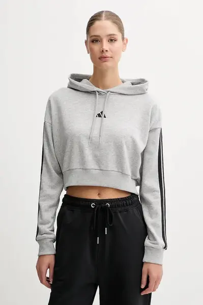 Mikina adidas Essentials dámská, šedá barva, s kapucí, melanžová, JE0019