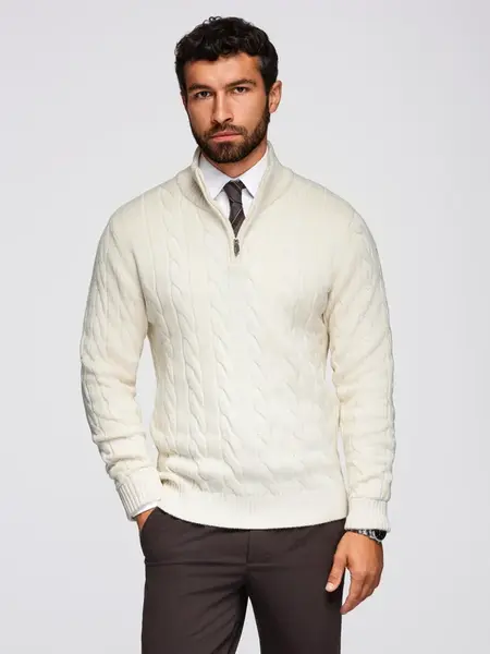 Ombre Men's plaid sweater with turtleneck zipper - cream